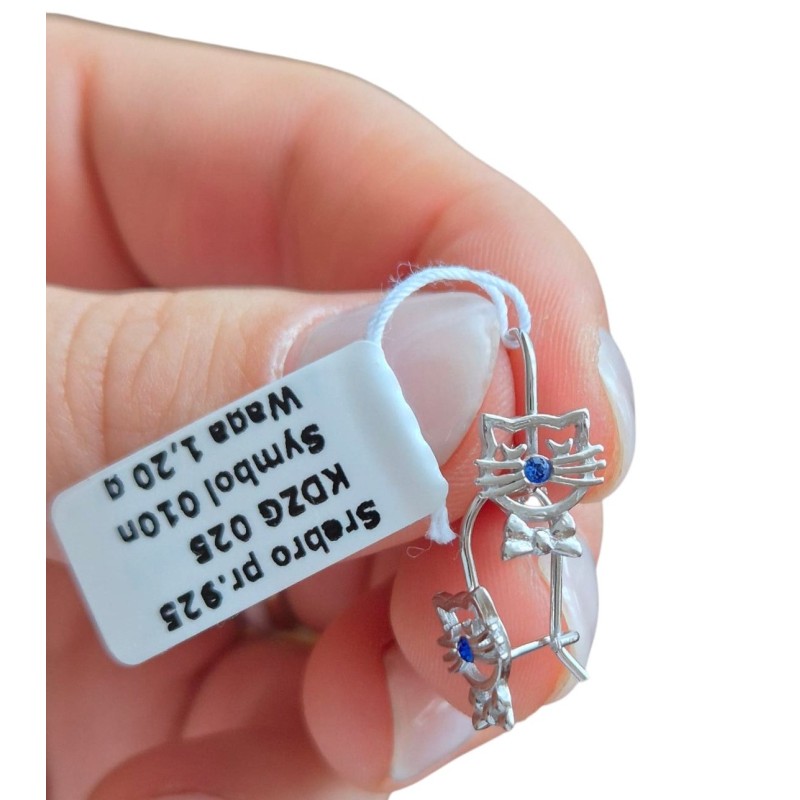 SREBRNE RODOWANE KOLCZYKI DLA DZIEWCZYNKI WISZĄCE KOTY 925