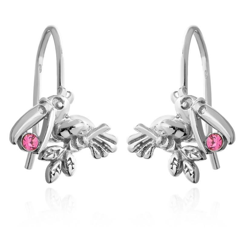 SREBRNE RODOWANE KOLCZYKI DLA DZIEWCZYNKI PTASZKI WISZĄCE 925