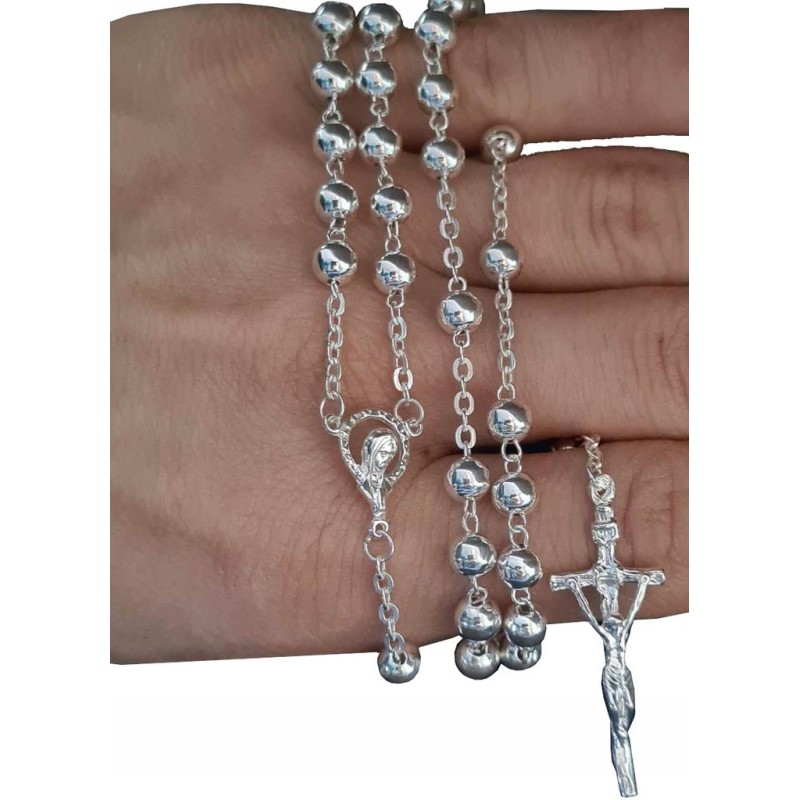 Różaniec srebrny na chrzest komunię prezent duże paciorki 925 + gratis