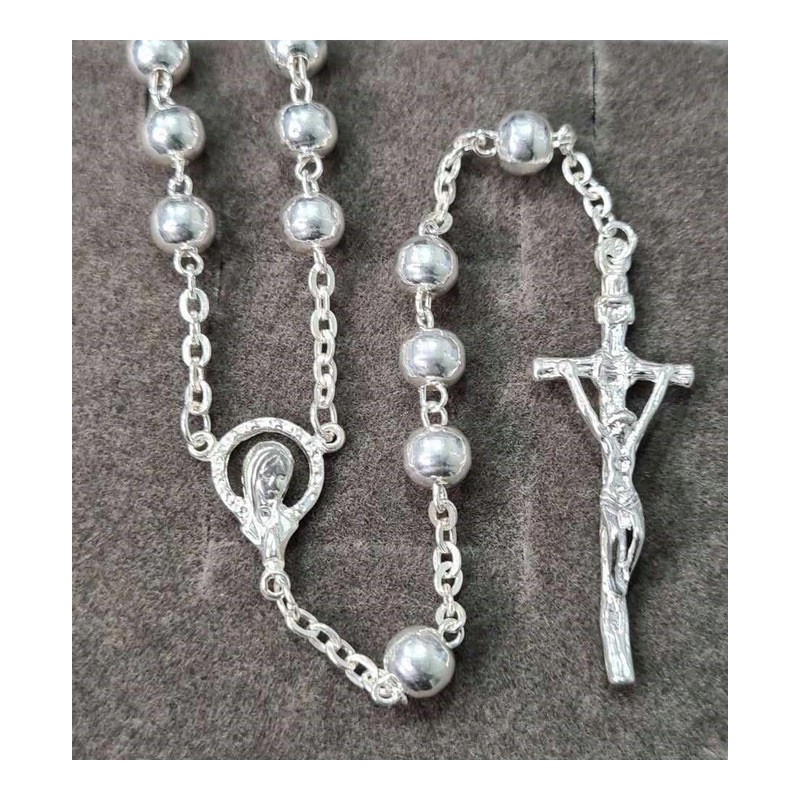 Różaniec srebrny na chrzest komunię prezent duże paciorki 925 + gratis