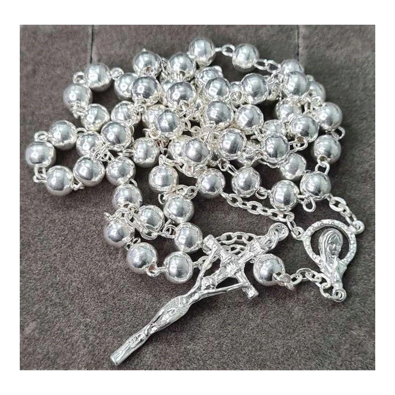 Różaniec srebrny na chrzest komunię prezent duże paciorki 925 + gratis