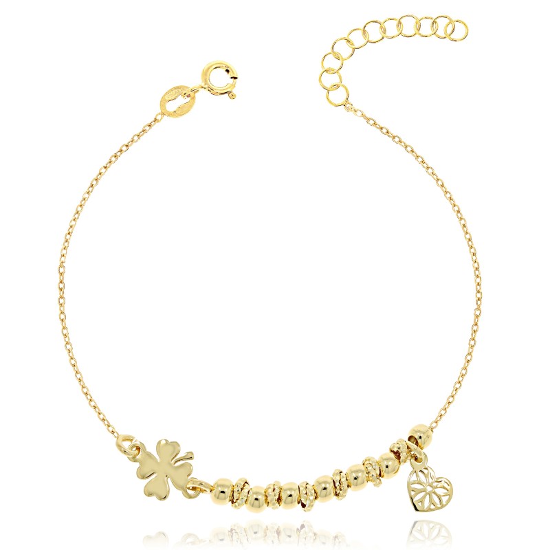 Pozłacana bransoletka srebrna 925 ankier – koniczynka i serce | 21 cm