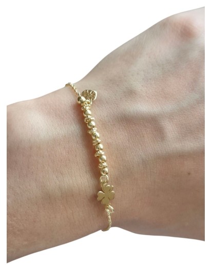 Pozłacana bransoletka srebrna 925 ankier – koniczynka i serce | 21 cm