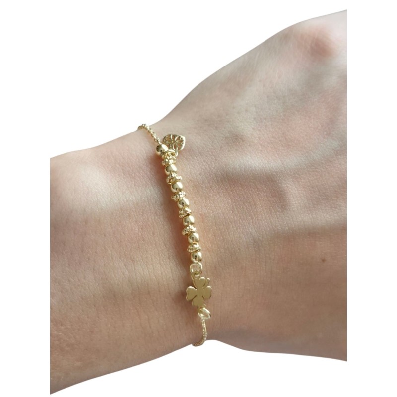 Pozłacana bransoletka srebrna 925 ankier – koniczynka i serce | 21 cm