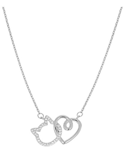 Naszyjnik srebrny 925 rodowany Serce i Kot z cyrkoniami | 45 cm