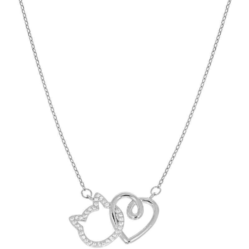 Naszyjnik srebrny 925 rodowany Serce i Kot z cyrkoniami | 45 cm