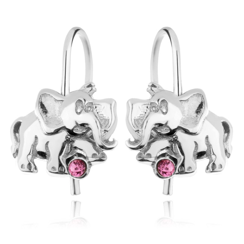 SREBRNE KOLCZYKI DLA DZIEWCZYNKI WISZĄCE SŁONIKI RÓŻOWA CYRKONIA
