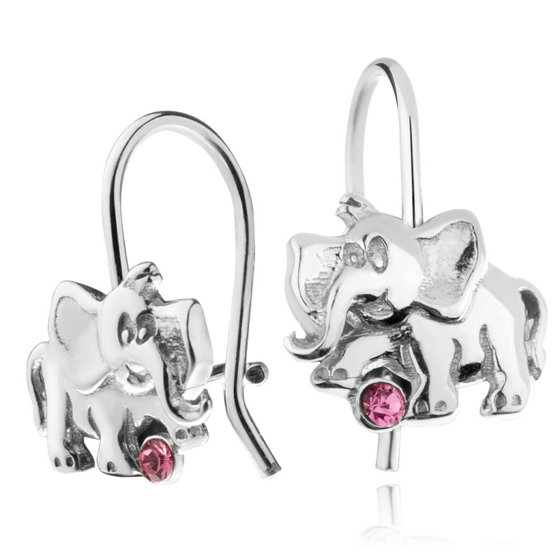 SREBRNE KOLCZYKI DLA DZIEWCZYNKI WISZĄCE SŁONIKI RÓŻOWA CYRKONIA