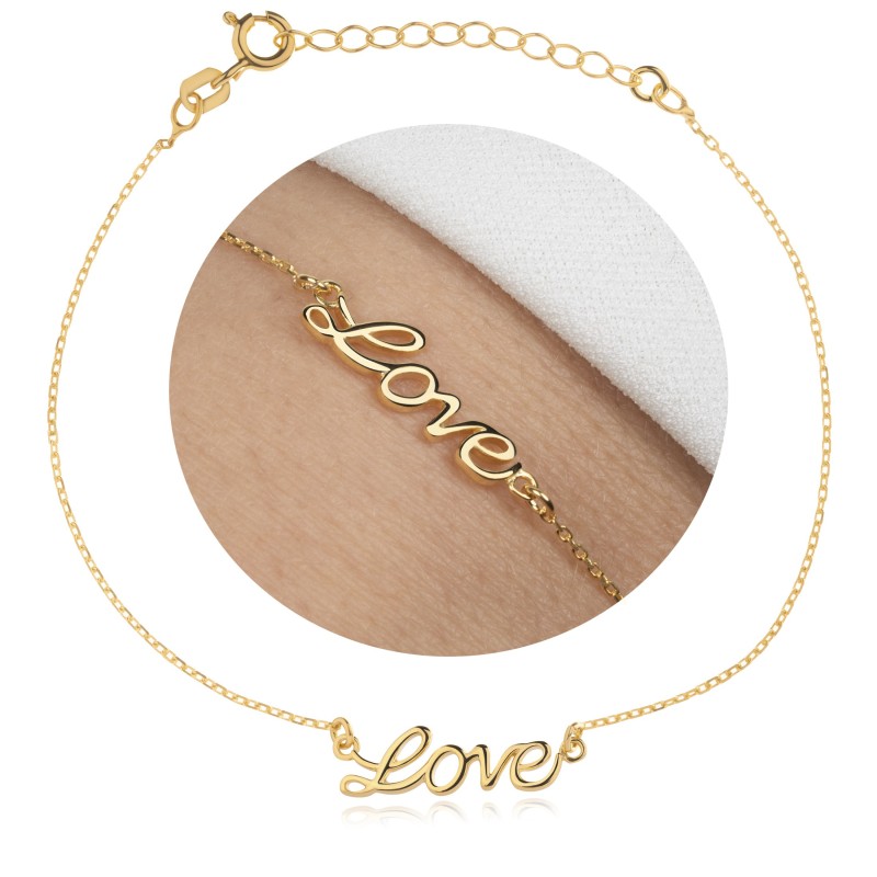 Pozłacana bransoletka srebrna LOVE 925 – ankier, regulowana 19 cm