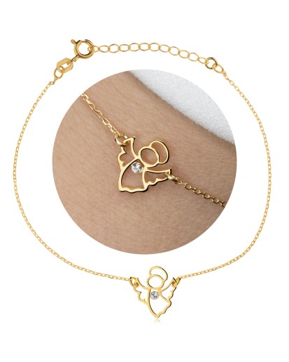 Pozłacana bransoletka srebrna 925 aniołek z cyrkonią – ankier 19 cm