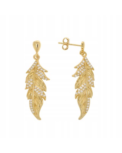 SREBRNE DAMSKIE KOLCZYKI SZTYFT PIÓRA CYRKONIE POZŁACANE 925