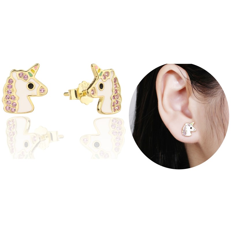 SREBRNE KOLCZYKI DZIECIĘCE ZŁOTE JEDNOROŻCE SREBRO 925