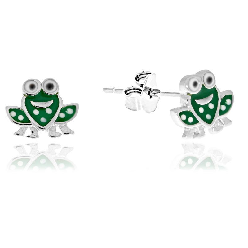 SREBRNE KOLCZYKI DLA DZIEWCZYNKI ZIELONE ŻABKI ŻABA WKRĘTKI 925
