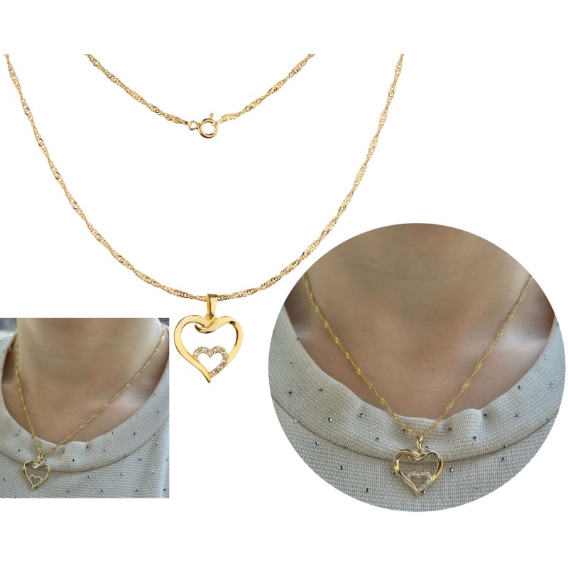 KOMPLET ŁAŃCUSZEK + ZAWIESZKA SREBRNY POZŁACANY 24K SERCE WISIOREK SREBRNA LOVE 925