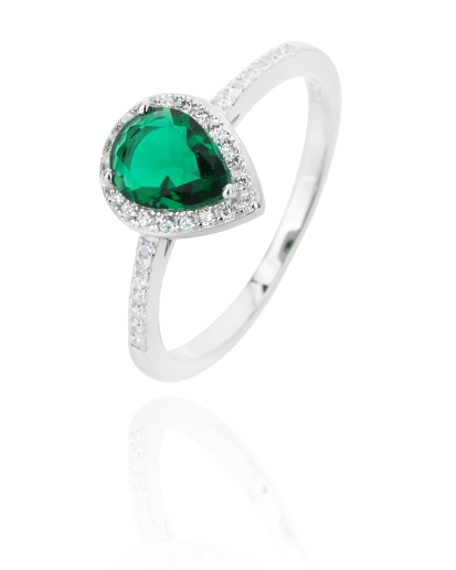 SREBRNY DAMSKI PIERŚCIONEK Z ŁEZKĄ SZMARAGDOWĄ PRÓBA 925