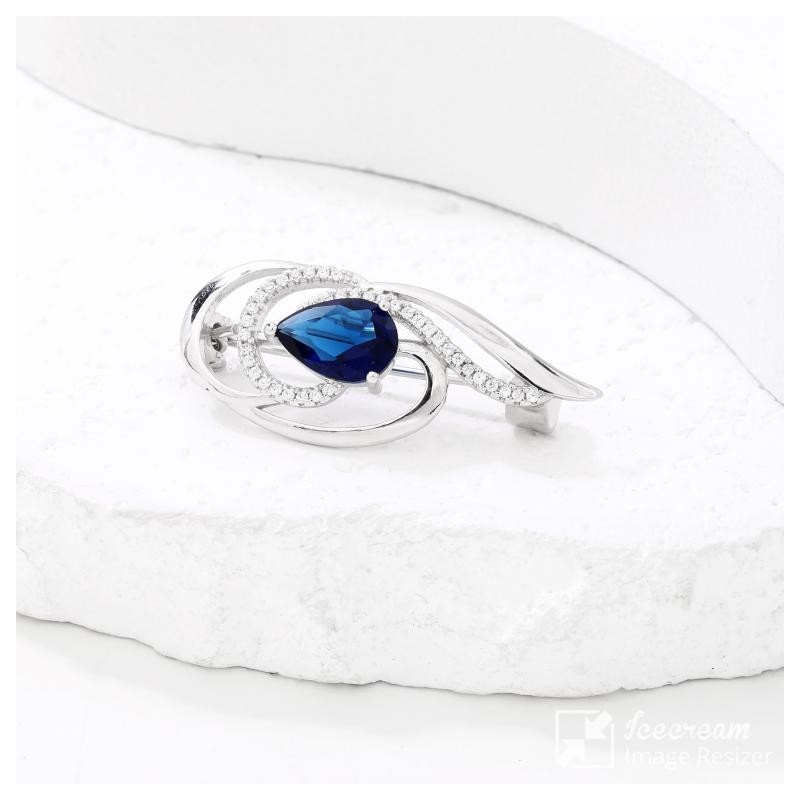 BROSZKA SREBRNA GRANATOWA CYRKONIA ŁEZKA PR.925