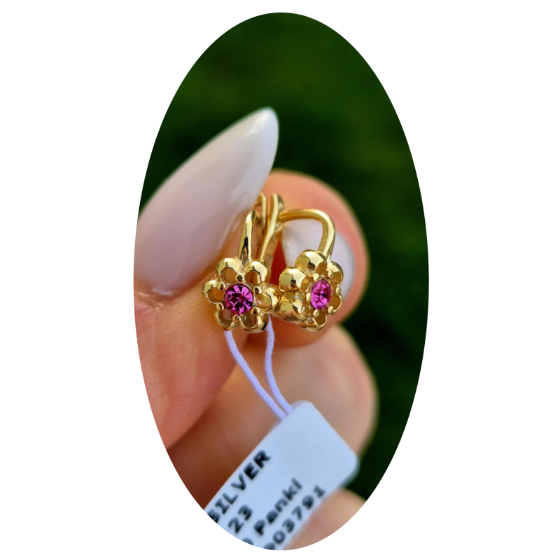 ZŁOTE WISZĄCE KOLCZYKI DLA DZIEWCZYNKI KWIATKI RÓŻOWA CYRKONIA pr.925