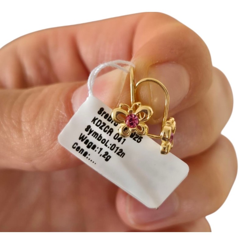 SREBRNE POZŁACANE KOLCZYKI DLA DZIEWCZYNKI WISZĄCE MOTYLKI 925