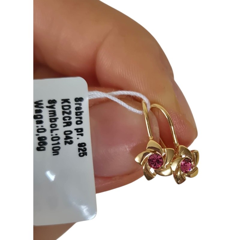 SREBRNE POZŁACANE KOLCZYKI DLA DZIEWCZYNKI WISZĄCE KWIATKI RÓŻ SREBRO 925