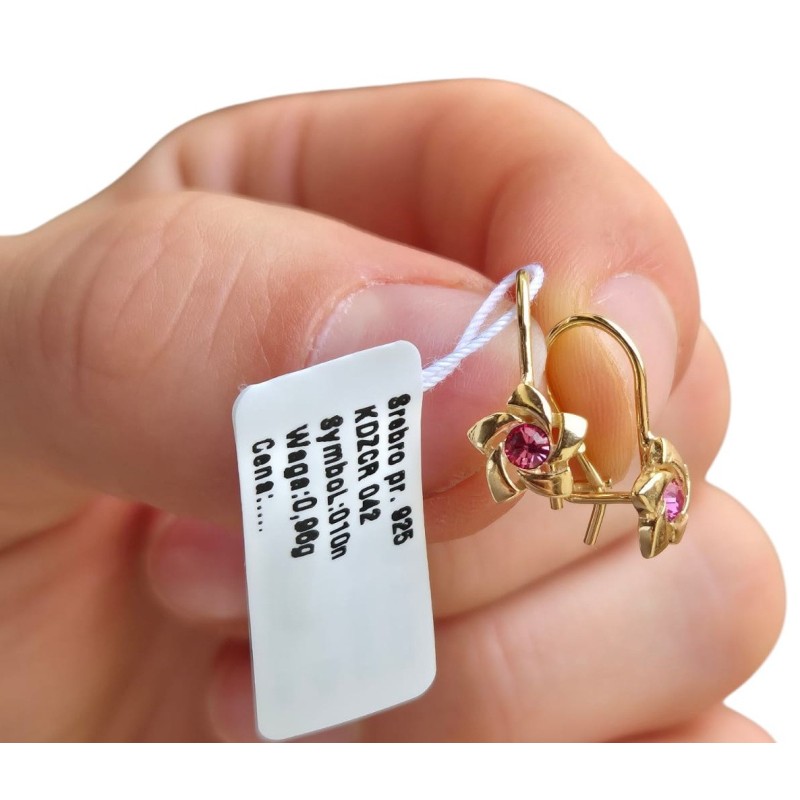 SREBRNE POZŁACANE KOLCZYKI DLA DZIEWCZYNKI WISZĄCE KWIATKI RÓŻ SREBRO 925