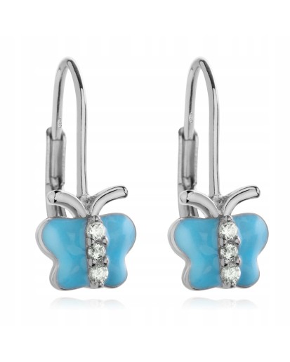 Srebrne kolczyki dziecięce wiszące niebieskie motyle srebro próby 925