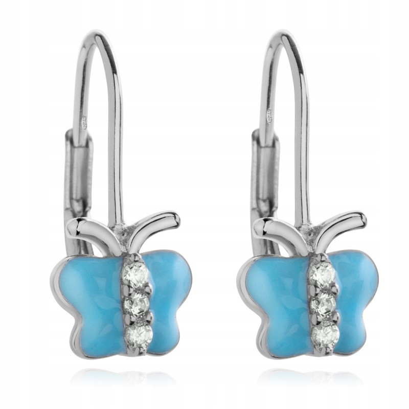 Srebrne kolczyki dziecięce wiszące niebieskie motyle srebro próby 925