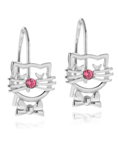 SREBRNE RODOWANE KOLCZYKI DLA DZIEWCZYNKI WISZĄCE KOTY 925