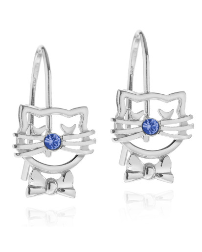 SREBRNE RODOWANE KOLCZYKI DLA DZIEWCZYNKI WISZĄCE KOTY 925