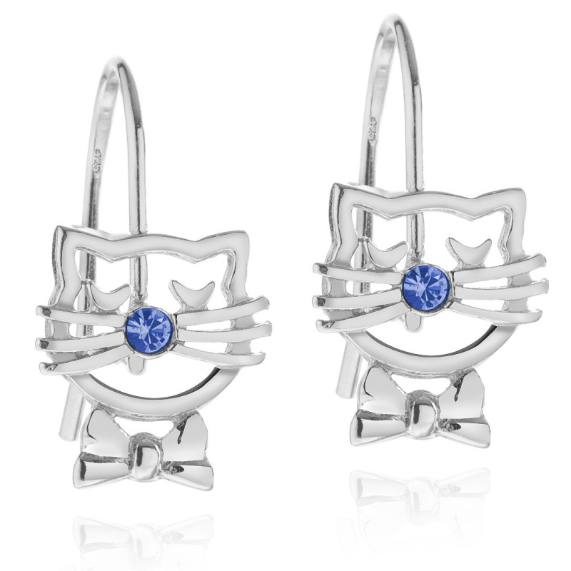 SREBRNE RODOWANE KOLCZYKI DLA DZIEWCZYNKI WISZĄCE KOTY 925