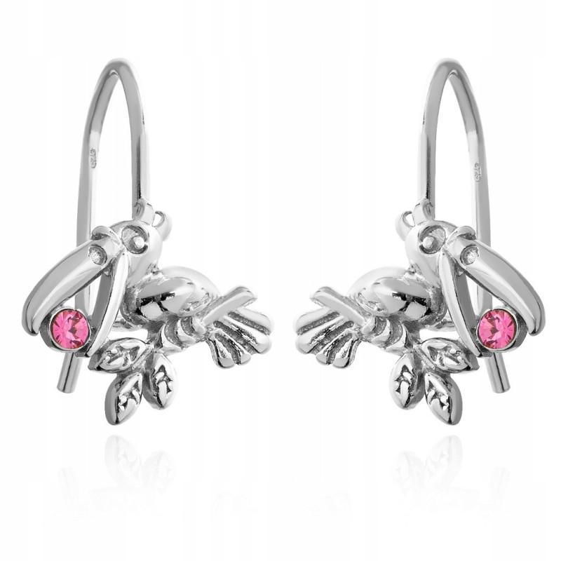 SREBRNE RODOWANE KOLCZYKI DLA DZIEWCZYNKI PTASZKI WISZĄCE 925