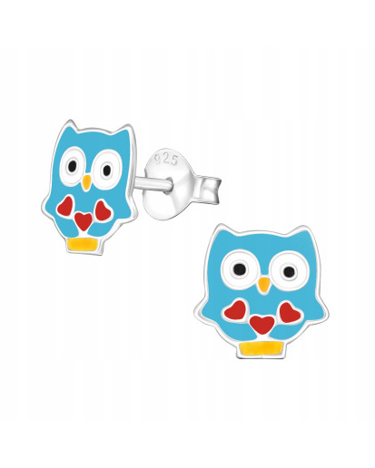 SREBRNE KOLCZYKI DLA DZIEWCZYNKI SOWY NIEBIESKIE SREBRO 925