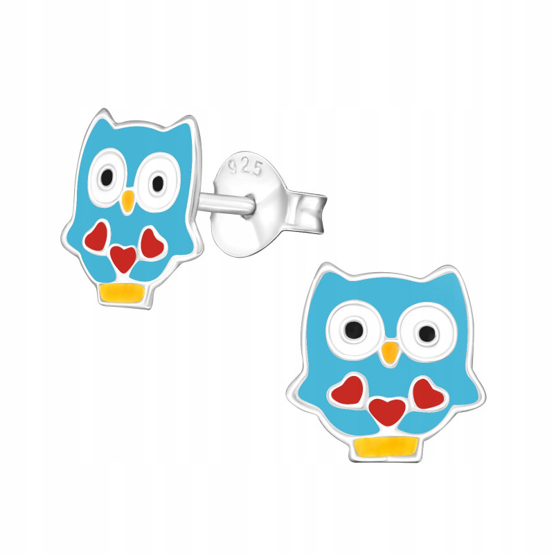 SREBRNE KOLCZYKI DLA DZIEWCZYNKI SOWY NIEBIESKIE SREBRO 925
