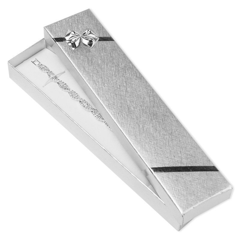 Pudełko kartonowe opakowanie na bransoletkę  srebrne ze srebrną wstążką