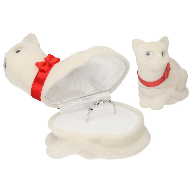 Pudełko welurowe prezentowe na kolczyki lub pierścionek kremowy kot