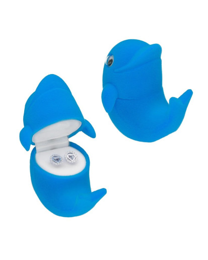 Pudełko welurowe prezentowe na kolczyki lub pierścionek niebieski delfin