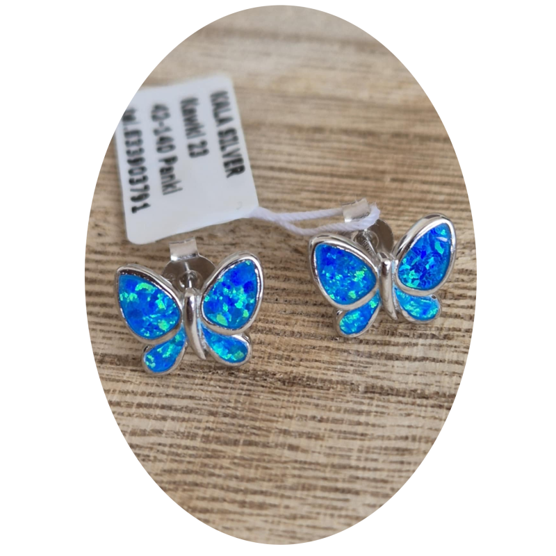 Srebrne kolczyki damskie motylki z niebieskim opalem – wkrętki, próba 925