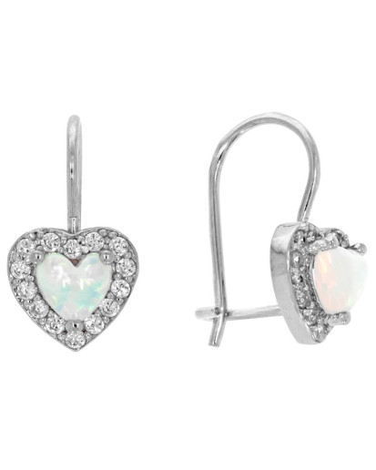 Srebrne rodowane kolczyki damskie wiszące serduszka z białym opalem – srebro 925