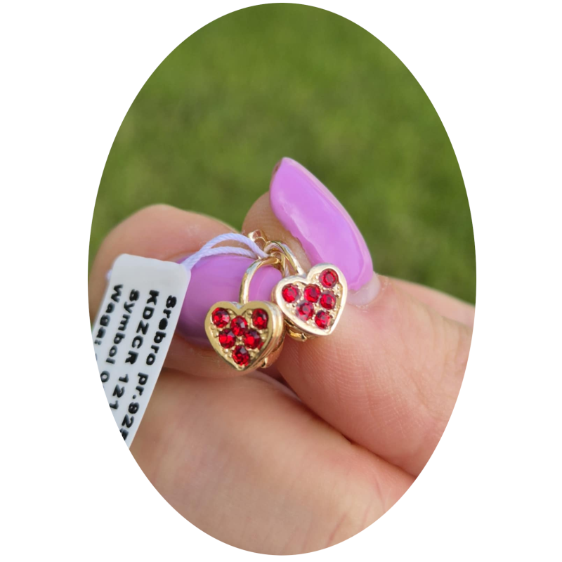 POZŁACANE KOLCZYKI DLA DZIEWCZYNKI WISZĄCE SERCA CZERWONE SREBRO
