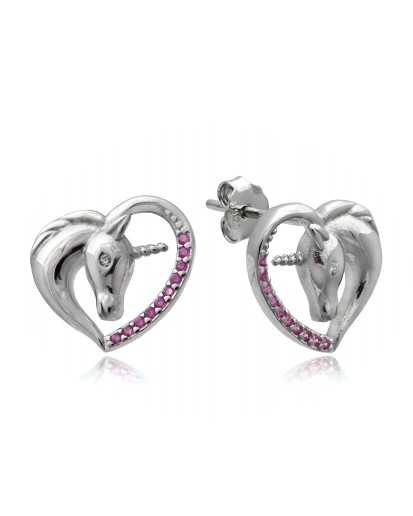 Dla dzieci jednorożce kolczyki wkrętki ciemny róż cyrkonia srebro