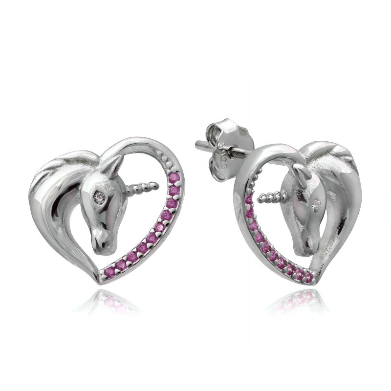 Dla dzieci jednorożce kolczyki wkrętki ciemny róż cyrkonia srebro