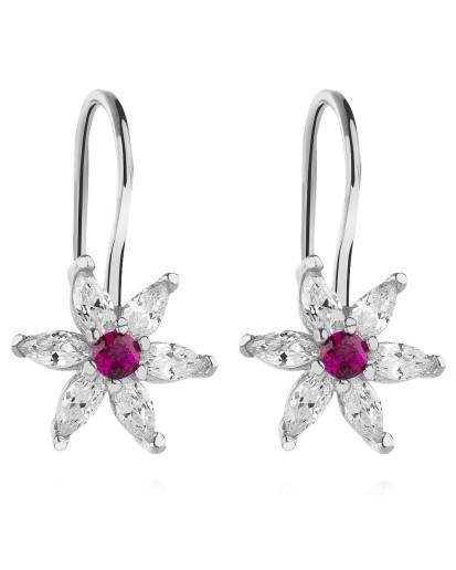 Kolczyki kwiatki dla dziewczynki ciemny róż wiszące srebro