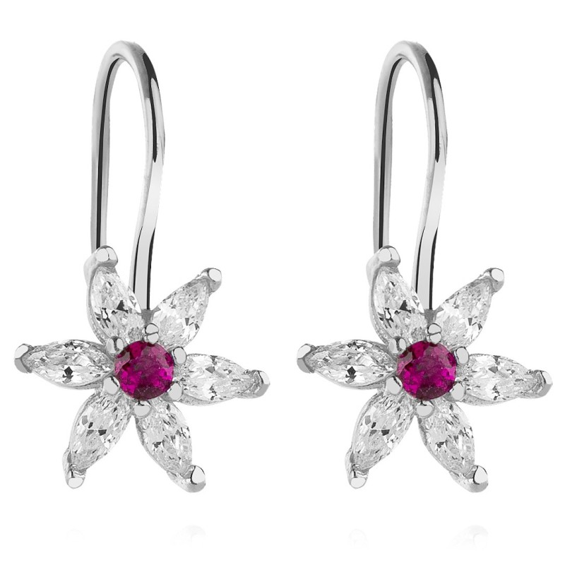 Kolczyki kwiatki dla dziewczynki ciemny róż wiszące srebro