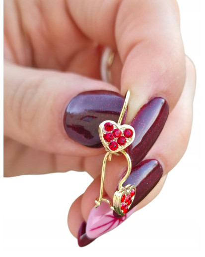 Pozłacane kolczyki serduszka wiszące, srebro 925, zamknięty haczyk