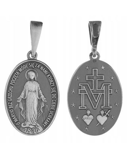 Duży srebrny medalik Cudowny 925 oksydowany diamentowany ze srebra