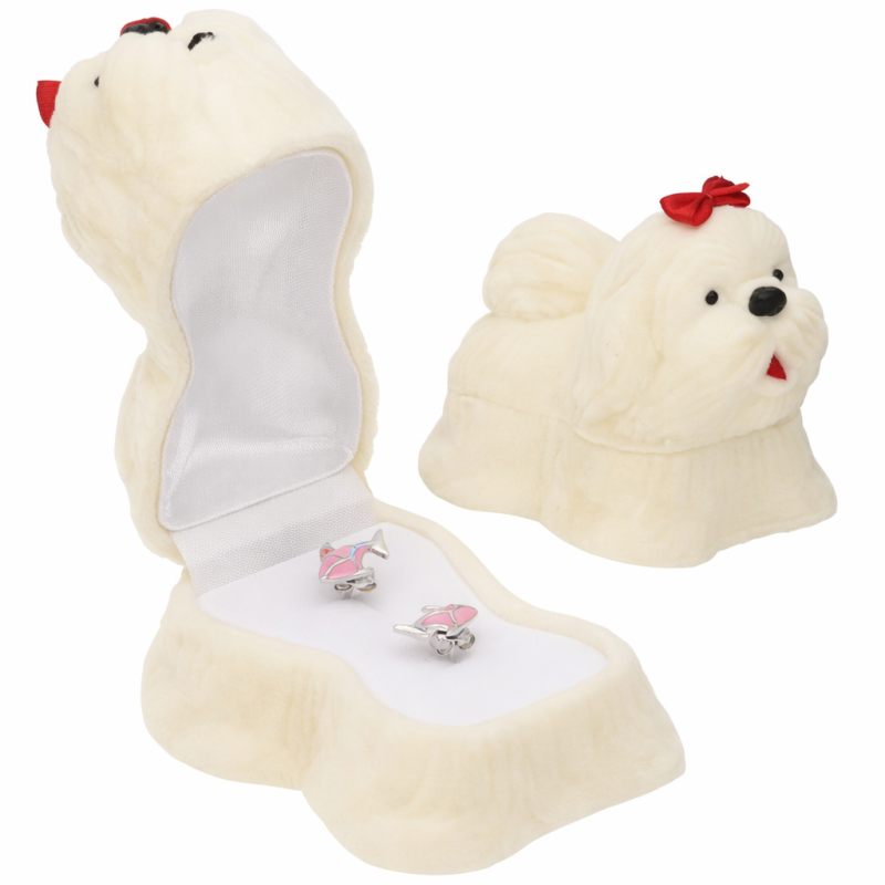 Pudełko welurowe kremowy piesek na kolczyki lub pierścionek