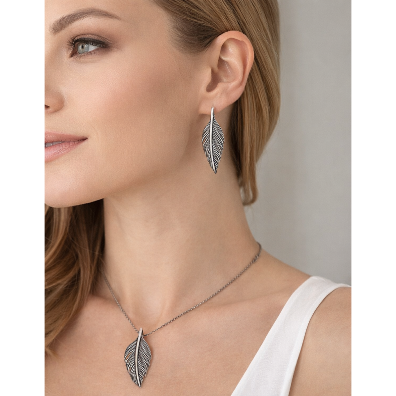 Komplet srebrny 925 oksydowany Pióro – zawieszka i kolczyki