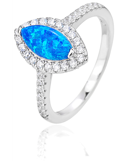 Pierścionek srebrny 925 z niebieskim opalem markiza i cyrkoniami