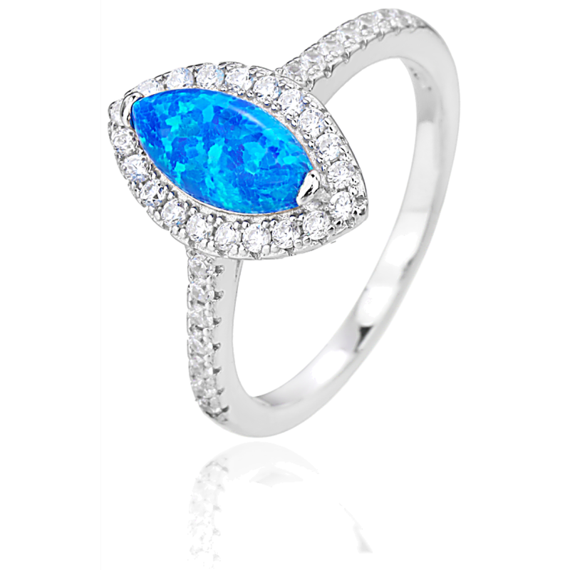 Pierścionek srebrny 925 z niebieskim opalem markiza i cyrkoniami