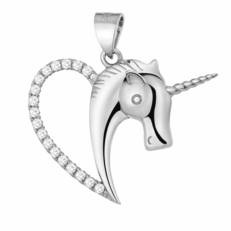 Srebrna zawieszka jednorożec serce 925 rodowana z cyrkoniami, Wisiorek