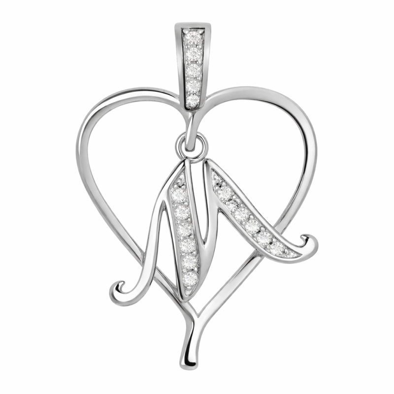 Zawieszka serce z literą M – srebro rodowane 925, cyrkonie